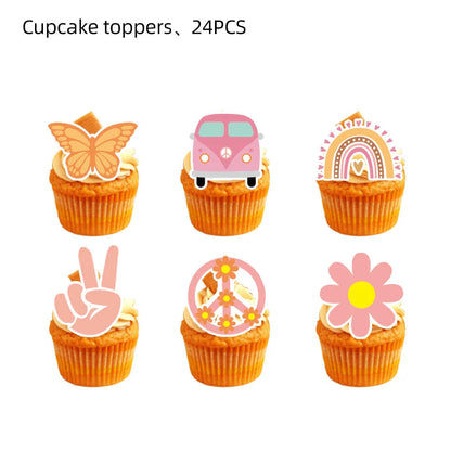 Hippie Party Cupcake Toppers Two Groovy Cupcake Dasiy Flower 60s Retro Boho Cake Decor for Hippie Two Groovy Theme 2nd Birthday Good Vibrations