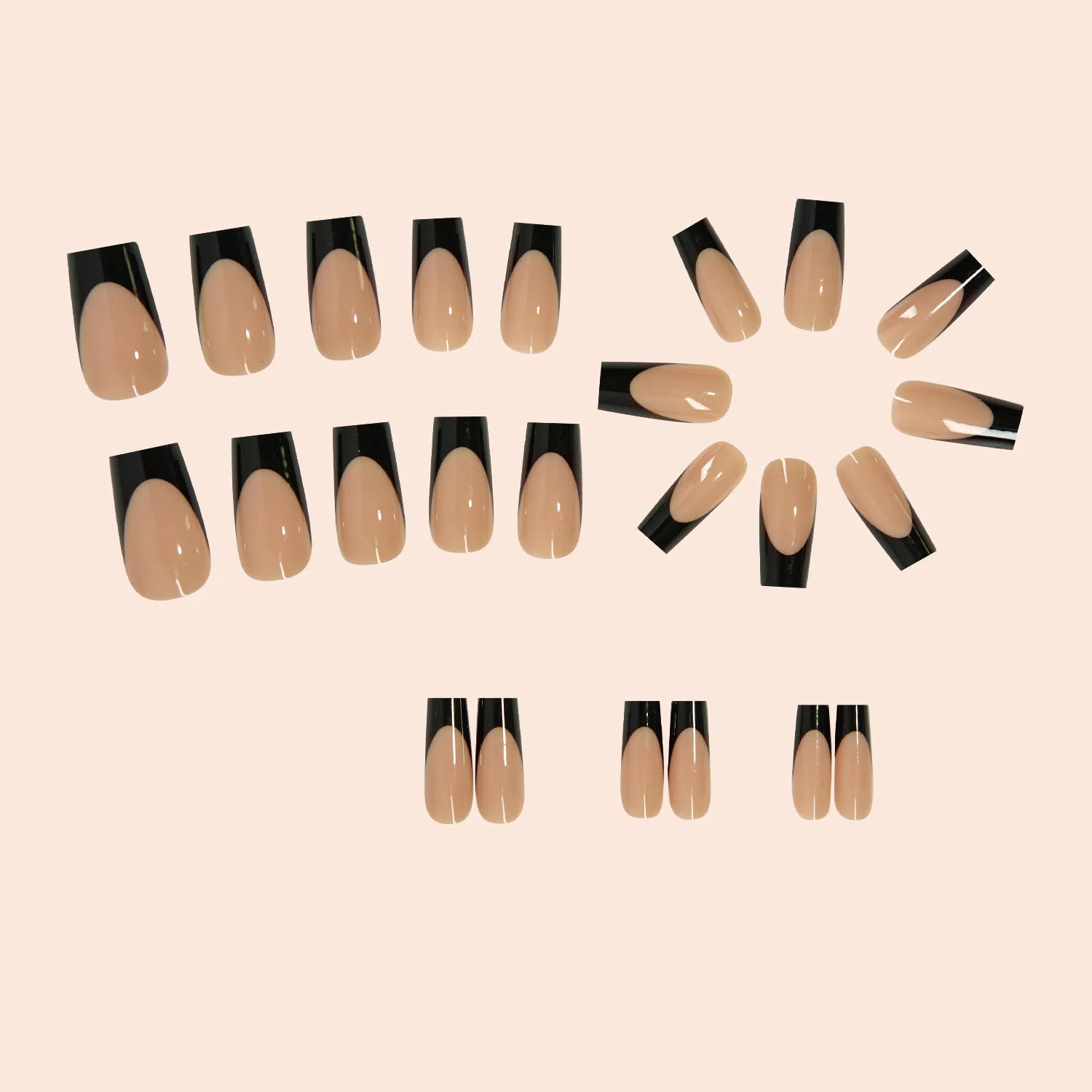 24Pcs Long Coffin French False Nails with Glue Bow Diamond Stick on Press on Acrylic Nails Black Ballerina Nail Art Manicure Tip Good Vibrations