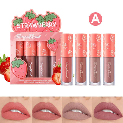 Mini Velvet Matte Lip Gloss Set, 4-Piece Non-Fading, Non-Stick Cup, Long-Lasting Fruit Scented Lip Tint, Smooth and Lightweight Good Vibrations
