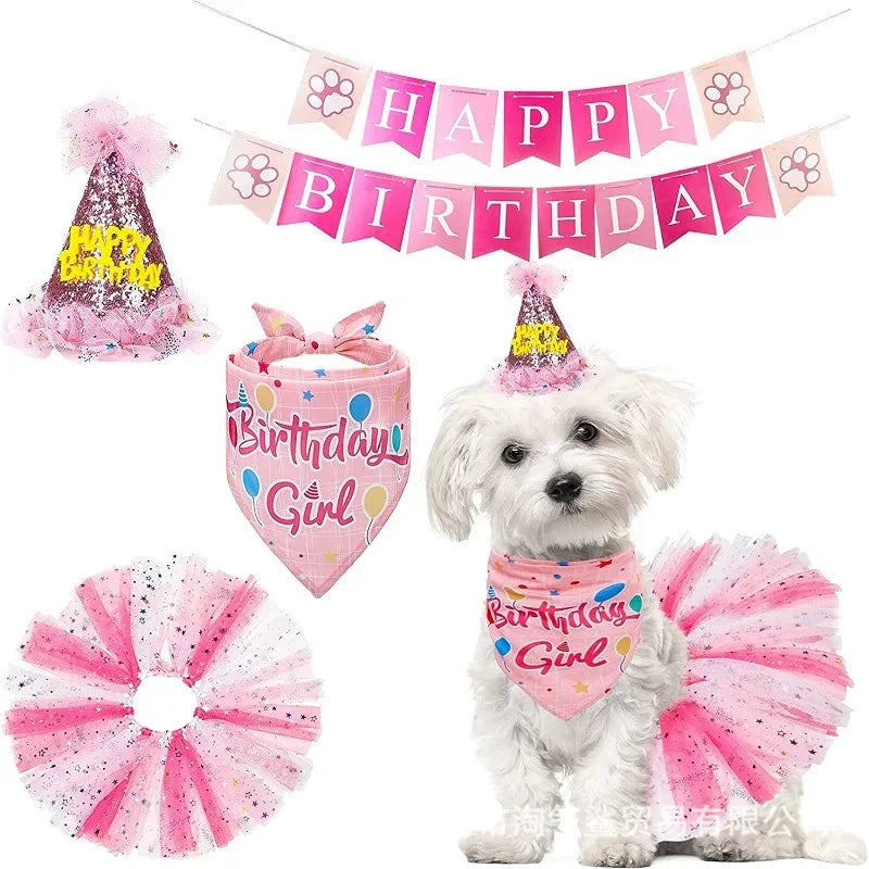 Pet Birthday Party Set Skirt Hat Bowtie for Dogs Gift Celebrating Pet Products Supplies All for Pets Puppy Cats Party Wholesale Good Vibrations