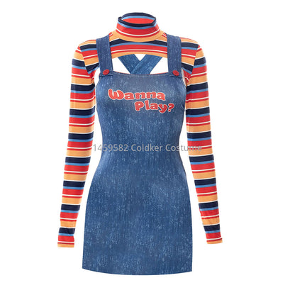 Halloween Costumes for Women Scary Nightmare Killer Doll Wanna Play Movie Character Bodysuit Chucky Doll Costume Set Good Vibrations
