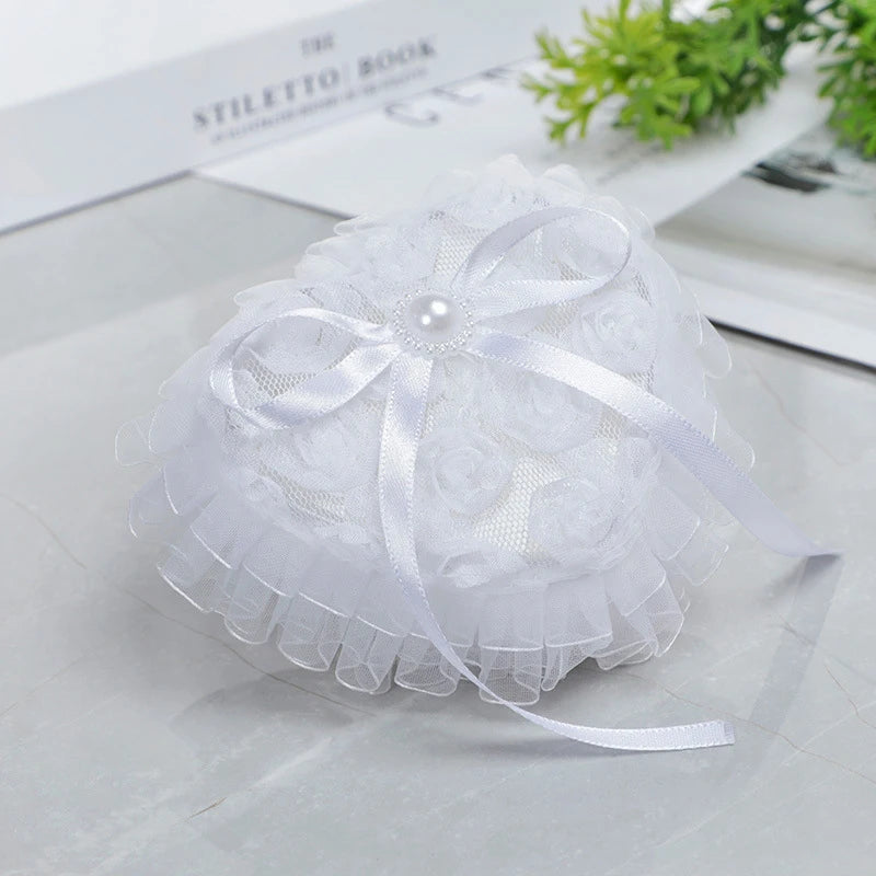 Ring Box Heart Wedding Lace Holder Pillow Ceremony Pillows Jewelry Bearer White Shape Boxes Pearl Rhinestone Case Love Proposal Good Vibrations