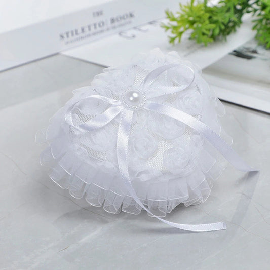 Ring Box Heart Wedding Lace Holder Pillow Ceremony Pillows Jewelry Bearer White Shape Boxes Pearl Rhinestone Case Love Proposal Good Vibrations