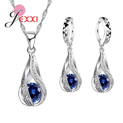 925 sterling silver jewelry set with blue cubic zirconia water drop necklace and dangle earrings for women