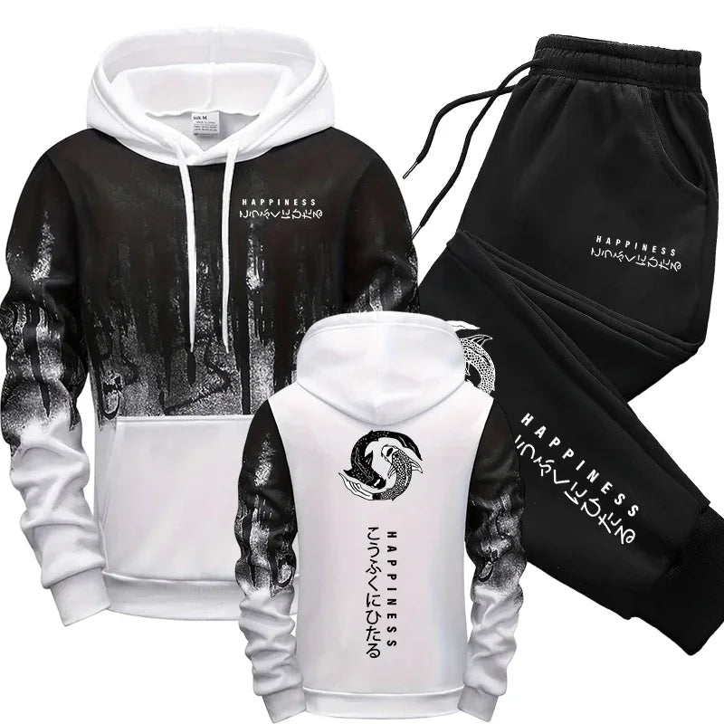Japanese Fashion Men's Tracksuit Hoodies Sweatpants 2 Piece Set Fall&winter Daily Casual Sporty Jogging Suit Urban Trend Outfits Good Vibrations