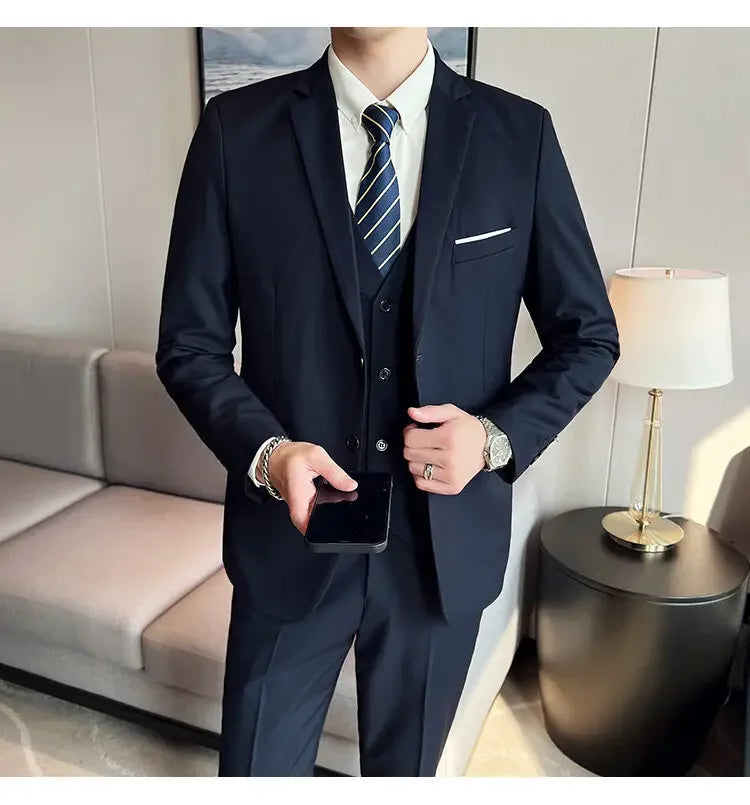 Suit (suit +Vest+Pants) Formal Business Men Four Seasons Professional Fashion Gentleman Solid Color Outdoor British Style Suit