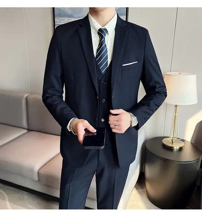 Suit (suit +Vest+Pants) Formal Business Men Four Seasons Professional Fashion Gentleman Solid Color Outdoor British Style Suit