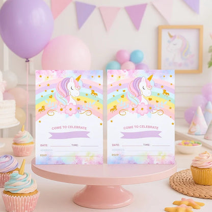 12pcs Invitation Card Unicorn Rainbow Balloon Envelope Card Girl Unicorn Theme Party Invitation Happy Birthday Party Decoration Good Vibrations