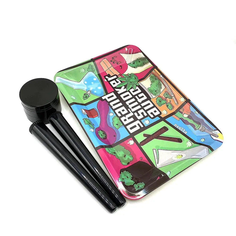Metal herb grinder set with colorful rolling tray and black storage tubes, 40mm size.