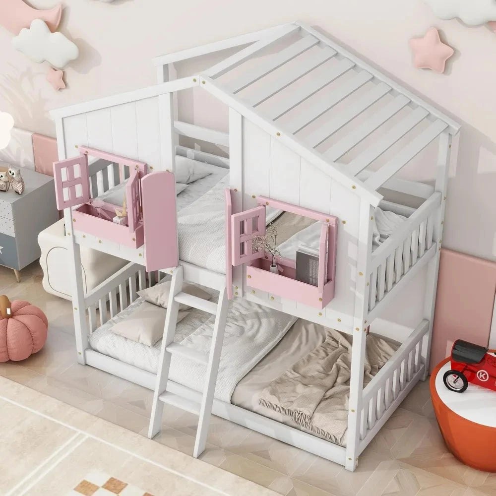 Floor House Bunk Bed with Roof and Window,Built-in Storage Box,Wooden Guardrails with Door/Ladder,Low Bunker Bed Twin Over Twin Good Vibrations