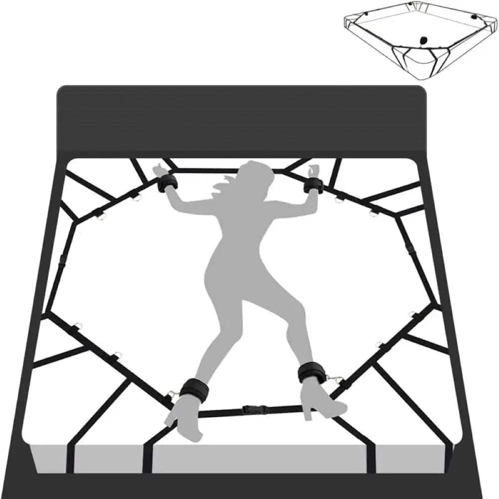 BDSM bondage restraint system with nylon handcuffs and ankle cuffs for couples games.