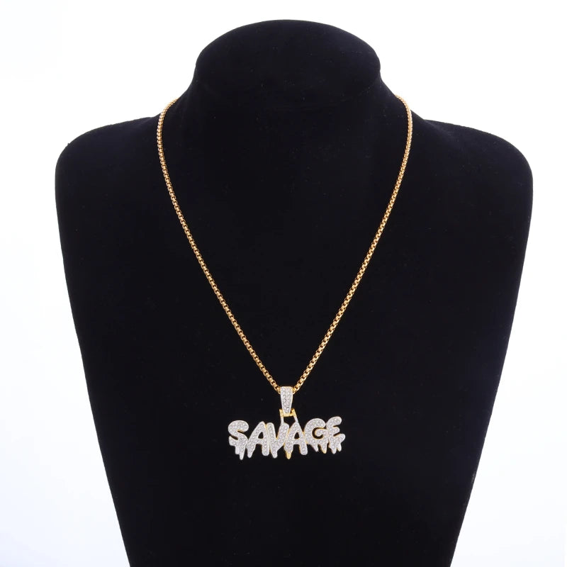 Hip Hop Ice Out Square Crystal S-A-V-A-G-E Letter Pendant Necklace for Men and Women Street One Last Party Trendy Jewelry Gift Good Vibrations
