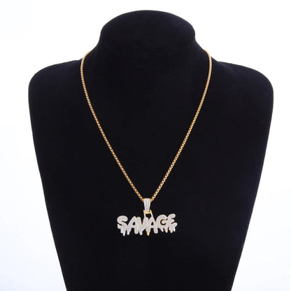 Hip Hop Ice Out Square Crystal S-A-V-A-G-E Letter Pendant Necklace for Men and Women Street One Last Party Trendy Jewelry Gift Good Vibrations