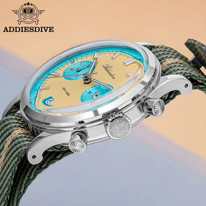 ADDIESDIVE Top Brand Man Watch BGW9 Super Luminous 10Bar Waterproof Bubble Mirror Glass VK64 Chronograph Quartz Steel Wristwatch Good Vibrations
