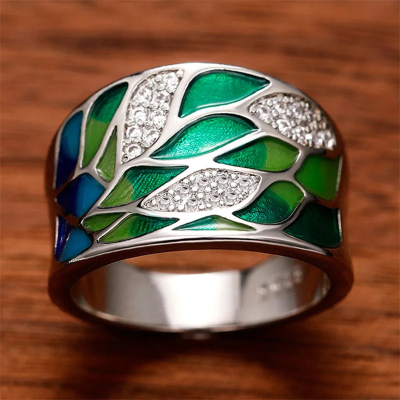 Green Leaf Enamel Handmade Oil Dropping Women's Ring Charm High Luxury Westernized  Prom Fancy Birthday Gift Fashion Jewelry Good Vibrations