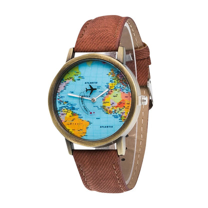 Fashion Global World Map Plane Denim Fabric Band Watch Casual Men Women Wristwatches Quartz Watch Gift Horloges Relógio Good Vibrations