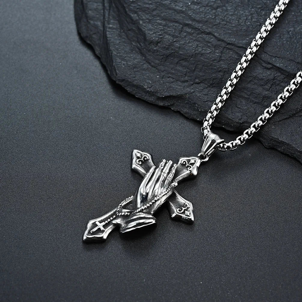 Necklace For Men National Retro Style Hand Of Prayer Stainless Steel Cross Fresh Fashion Necklace Personality Niche Pendant Good Vibrations