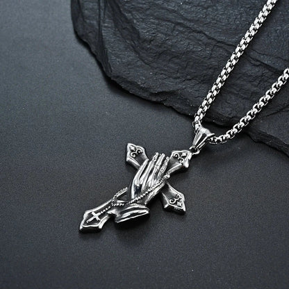 Necklace For Men National Retro Style Hand Of Prayer Stainless Steel Cross Fresh Fashion Necklace Personality Niche Pendant Good Vibrations
