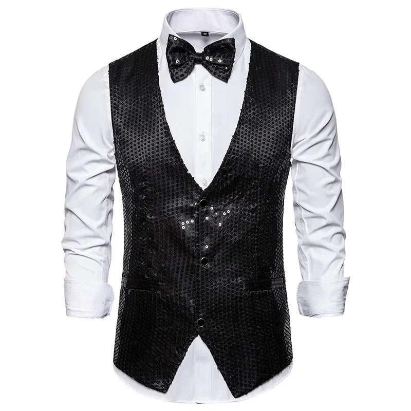 Gold Men's Sequin Vest Jacket, Single-breasted V-neck Sleeveless Vests Coat, Wedding Party Waistcoat Silver Blue Purple Red Tops