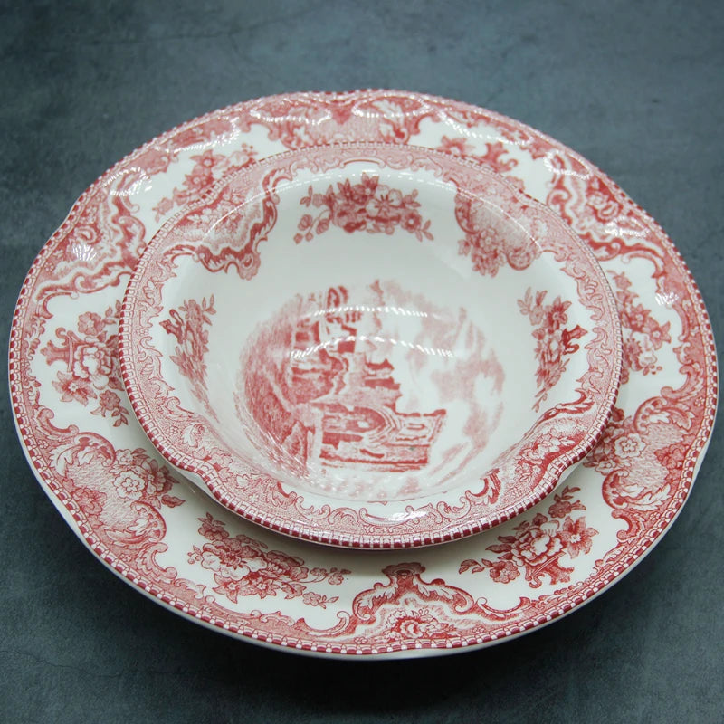 European Style The Old Britain Castles Pink Dinner Set Dinner Ceramic Breakfast Plates Steak Plate Noodles Plate Dish Soup Bowl Good Vibrations
