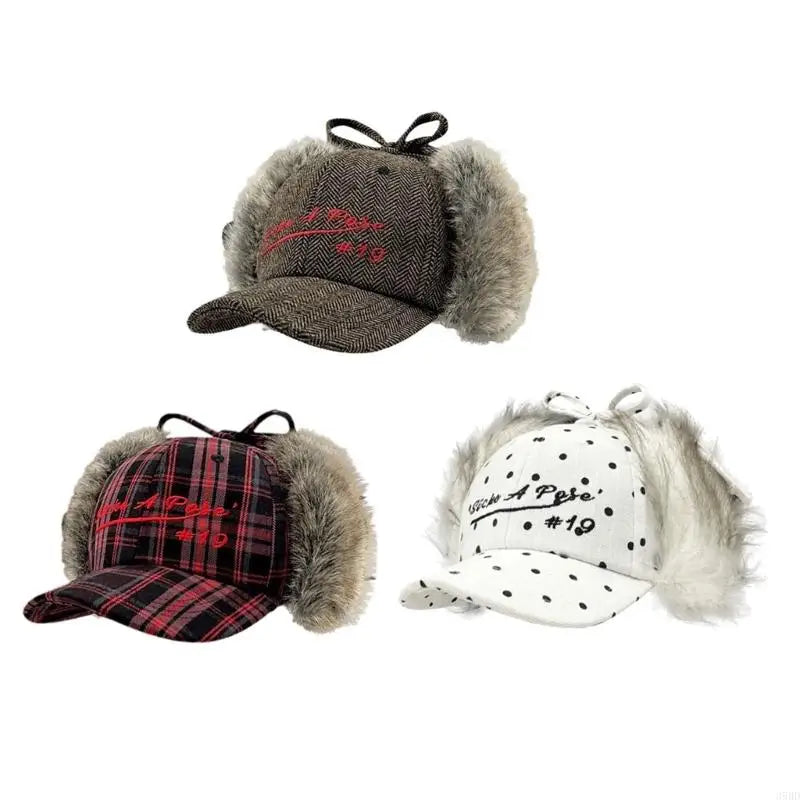 652F Women Baseball Hat 2000s Plush Earflap Fun Furry Hat for Idol Concert Shows Embroidery Caps for Adults Good Vibrations