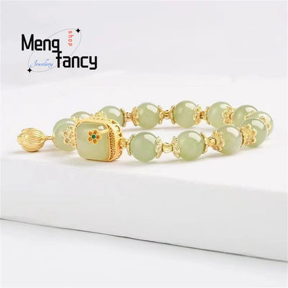 Natural Hetian Jade Bracelet Square Sugar Lotus Bracelet Exquisite Elegant Retro Chinese Style Sexy Young Girls Fashion Jewelry Good Vibrations