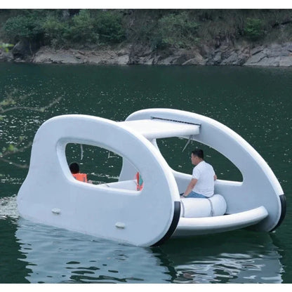 Floating Inflatable Electric Boat, Solar Powered, Sustainable Inflatable Houseboat, with Engine for Water Fun Good Vibrations