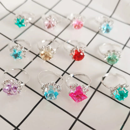 12/36PCS/set Adjustable Kids Crystal Rings Jewelry Heart Star Square Open Finger Ring For Children Girl Party Gift Good Vibrations