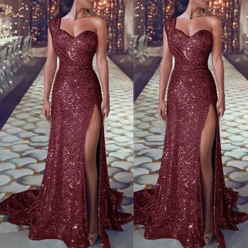 2025 Women's Wedding Party Dress Evening Elegant Sexy Deep V Neck One Shoulder Sleeveless Sequined Long Maxi Dresses For Women Good Vibrations