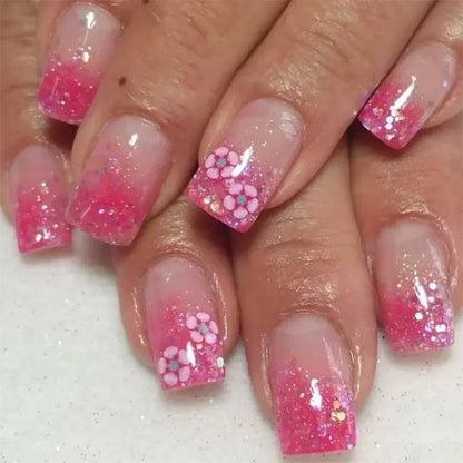 24Pcs Short Square Coffin False Nails Square Fake Nails with Glue French Glitter Wearable Acrylic Nails Set Press on Nail Tips Good Vibrations