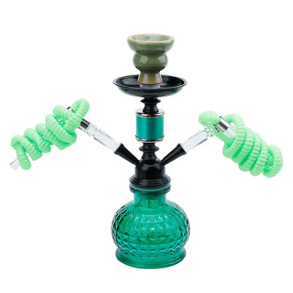 Travel Arabian Hookah Set with glass body, double hose, and ceramic bowl in green.