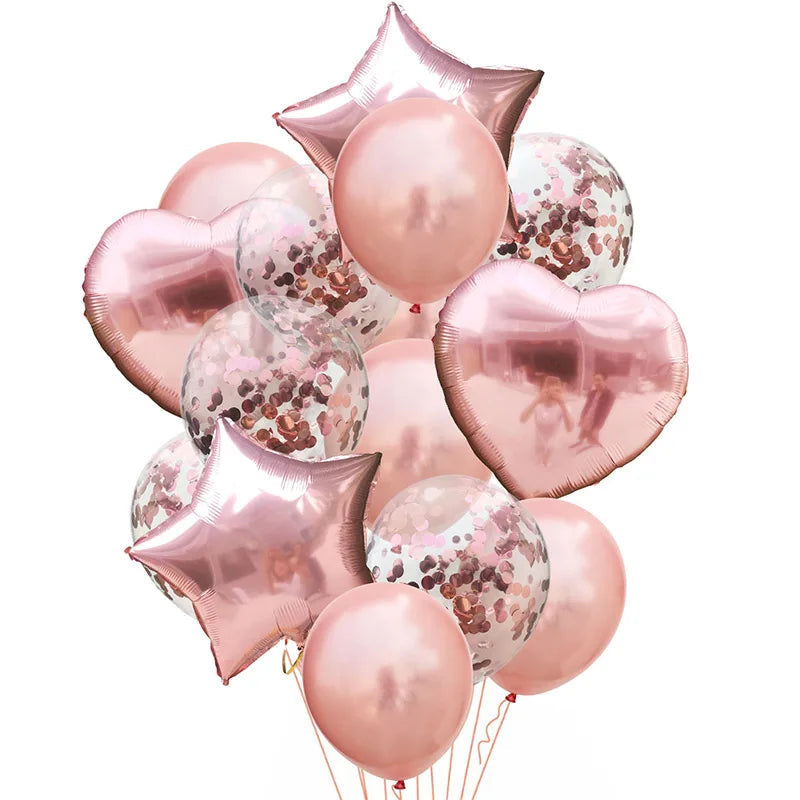 14pcs Rose Gold Mix Star Heart Confetti Latex Balloons Birthday Party Decorations Kids Adult Wedding Anniversary Globos Supplies Good Vibrations