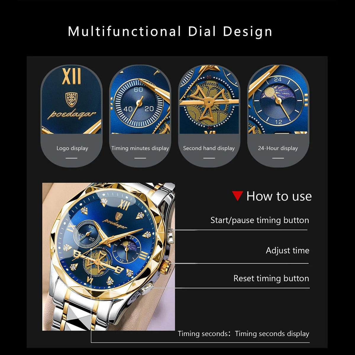 POEDAGAR Luxury Man Wristwatch Chronograph Waterproof Luminous Men Watch Stainless Steel High Quality Sport Men's Quartz Watches Good Vibrations