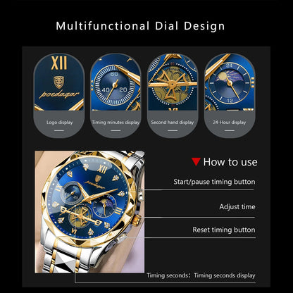 POEDAGAR Luxury Man Wristwatch Chronograph Waterproof Luminous Men Watch Stainless Steel High Quality Sport Men's Quartz Watches Good Vibrations