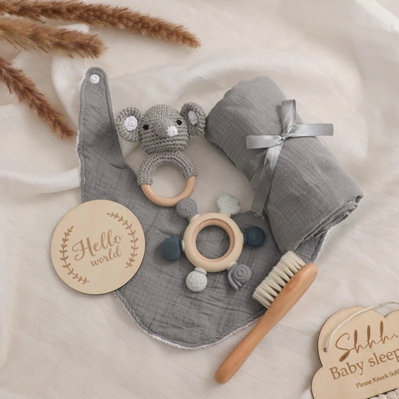 1Set Baby Bath Toy Set Food Grade Silicone Teether Toys Wooden Ring Crochet Rattle Milestones Card Bath Brush For Newborn Gift Good Vibrations