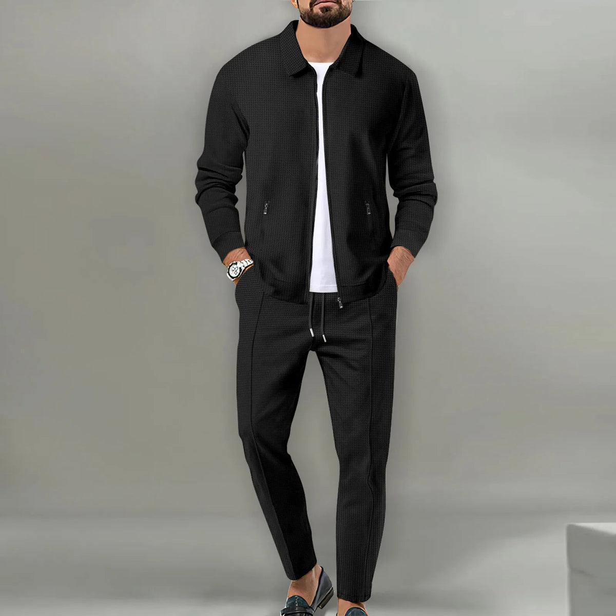 Autumn Winter Men's Casual Blazer Set New Fashion Waffle Baseball Suit Round Neck Pocket Zipper Long Sleeve Trousers Two-Piece S Good Vibrations