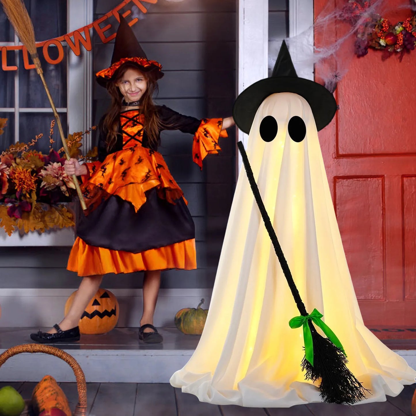 Halloween Outdoor Decoration, Spooky Halloween Decor With Witch Brooms, Scary Decor With LED Lights For Front Yard Garden Good Vibrations