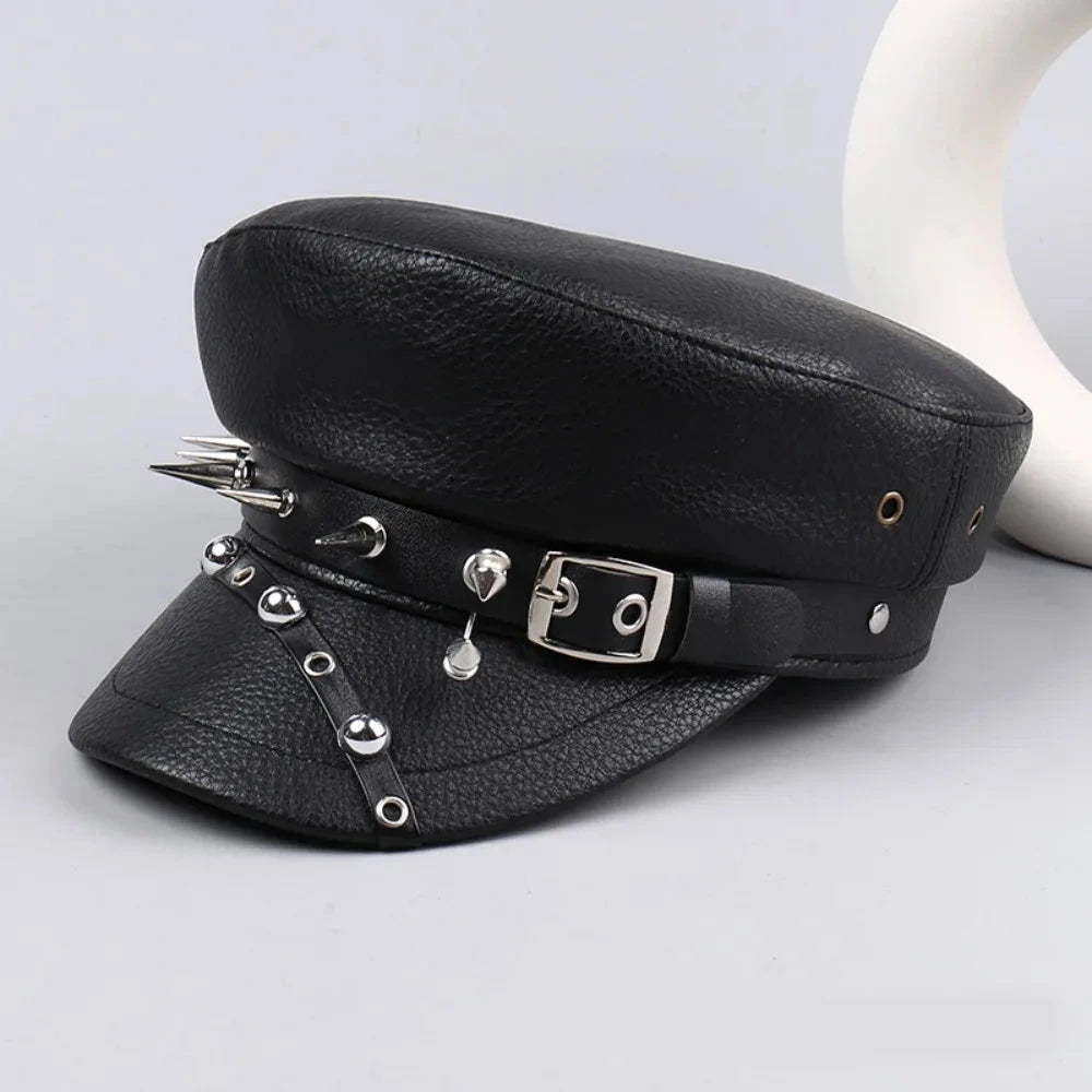 Retro Hip-hop Rivet Leopard Hat Harajuku Punk Y2k Beret Hat Gothic Silver Flat Top Cap for Girls Good Vibrations