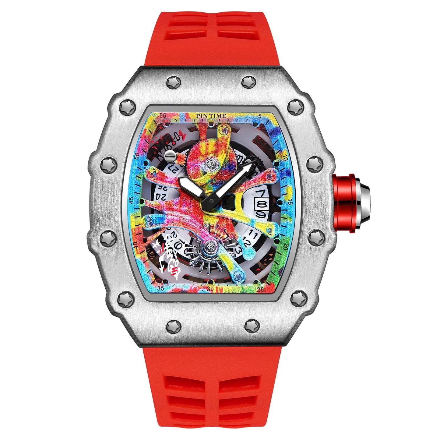 Fashion Mechanical Man Watches Classic Colorful RM Desgin Automatic Visable Wristwatch Causal Men Watch Rubber Strap Belt Good Vibrations