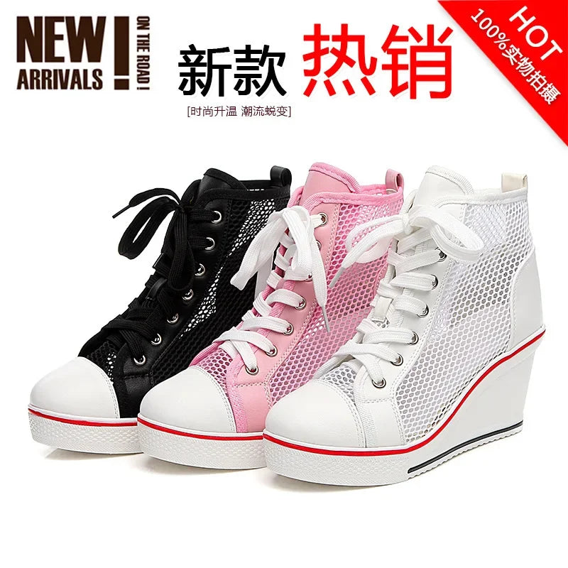2025  Wedge Heel 8cm Height Increasing Net Shoes Thick Bottom Sandals Women's Casual Lace-up Shoes High-top Hollow Women's Shoes Good Vibrations