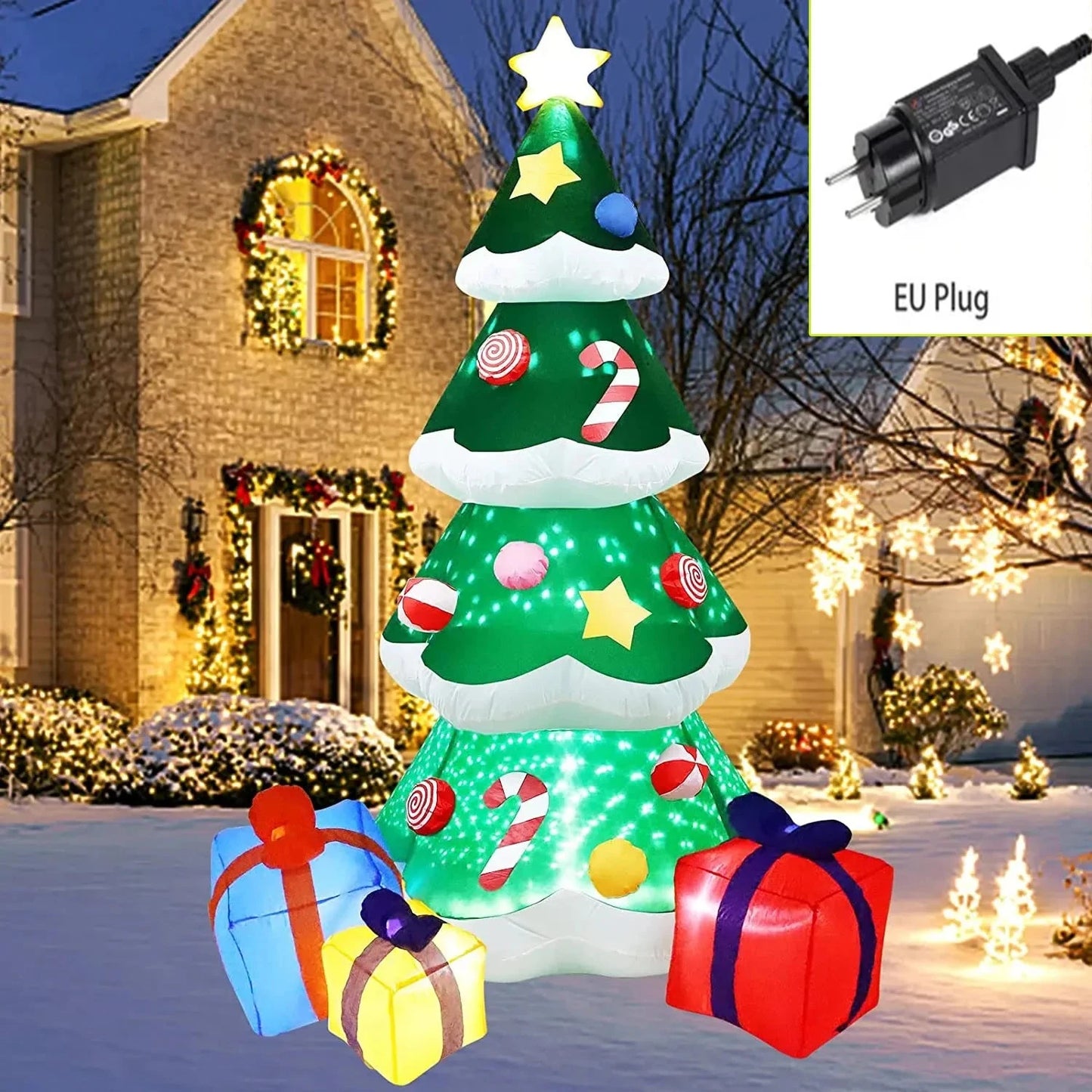 7FT/2.1M Xmas Inflatable Decoration 3 Gift Boxes Christmas Trees with Snow LED Lights Indoor Party Outdoor Garden Props Ornament Good Vibrations