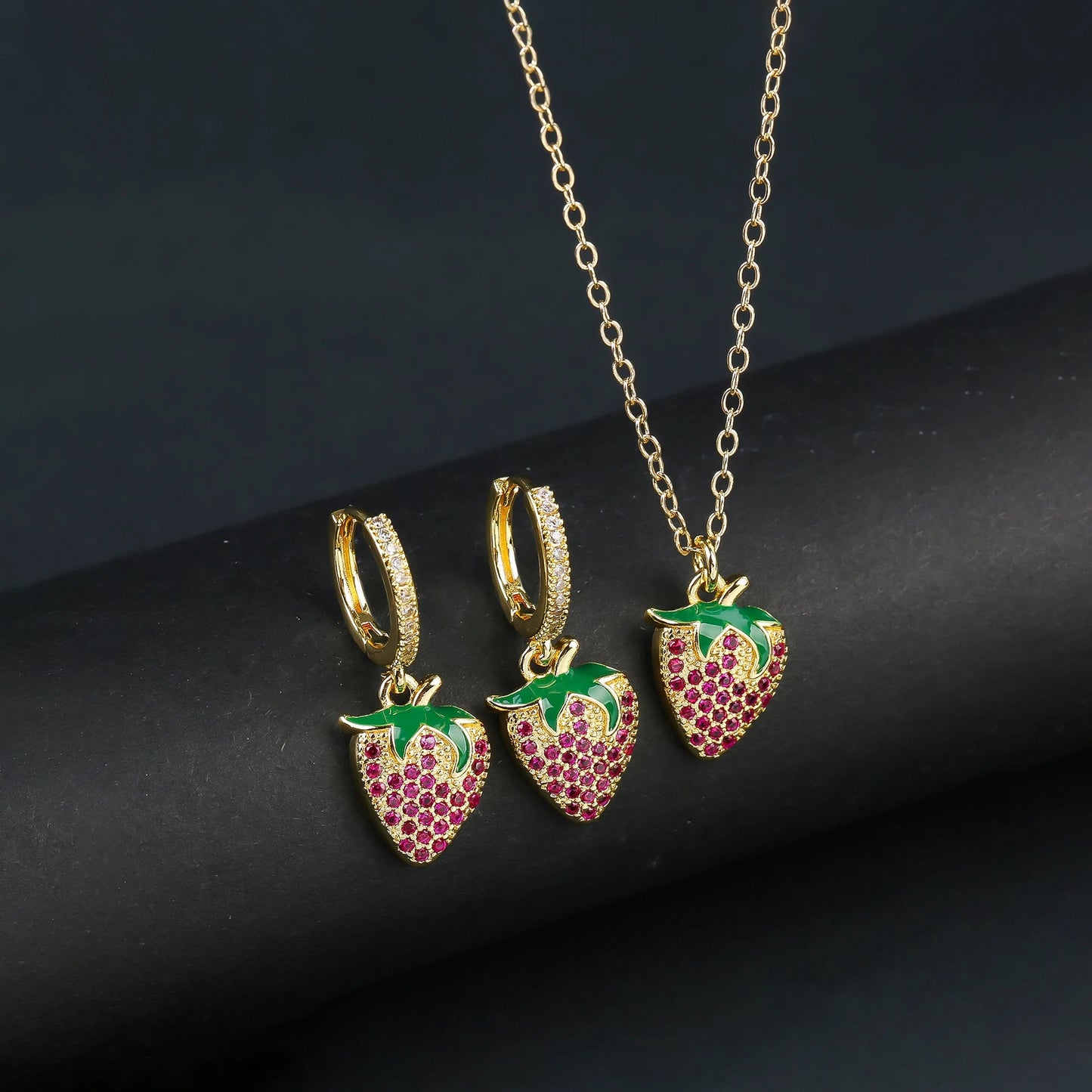 Light Luxury Crystal Zirconia Red Cherry Jewelry Set Earrings Necklace for Women Girls Sweet Jewelry Accessories Party Gifts Good Vibrations Adult Super Store