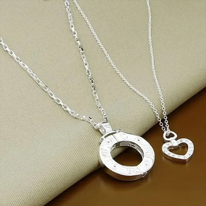 Couple Necklace 925 Silver Heart Circle Men & Women Love Gift Set Chain Good Vibrations