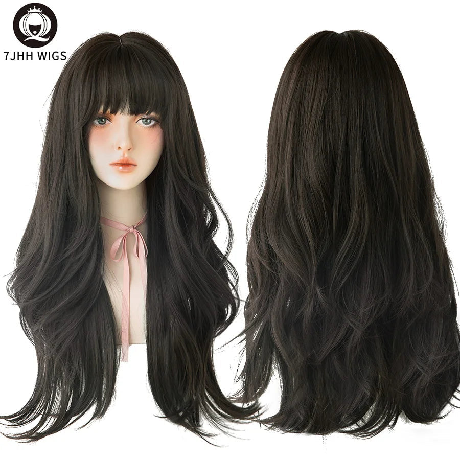 7JHHWIGS Long Wavy Synthetic Black Wigs For Women With Fringe Fashion Heat Resistant Mid-Length Daily Straight Light Brown Hair Good Vibrations