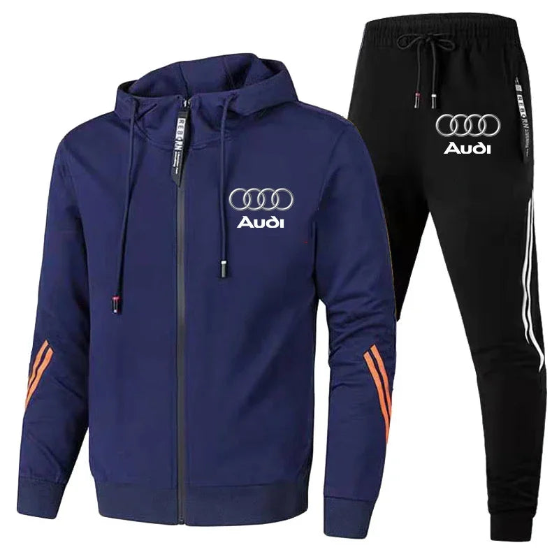 Autumn Winter Mens Audi Car Logo Print Tracksuit Men Zipper Hoodie+Pants 2 Piece Set Casual Gym Fitness Jogging Sportswear Suits Good Vibrations