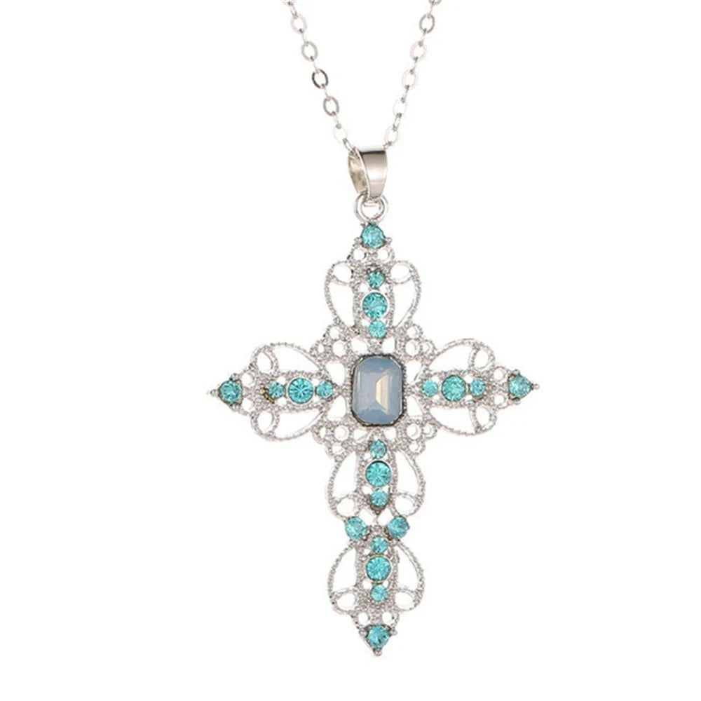 Fashion Exquisite Hollow Cross Necklace Bohemian Inlaid Rhinestones Clavicle Chain Jewelry Gifts For Women Girls Party Wearing Good Vibrations
