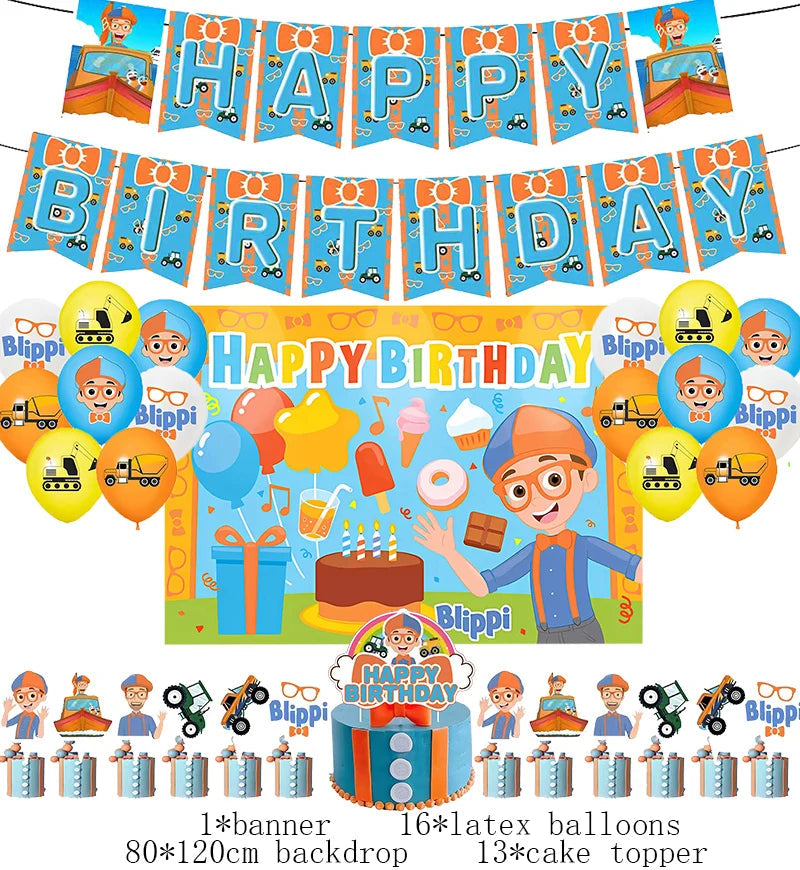 New Blippiing Birthday Party Decoration Foil Balloon Backdrop Banner Cake Topper Baby Birthday Party Supplies Good Vibrations