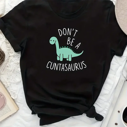 Plus Size Casual T-shirt Women's Plus Cute Dinosaur & Slogan Print Short Sleeve Round Neck Slight Stretch Tee Good Vibrations