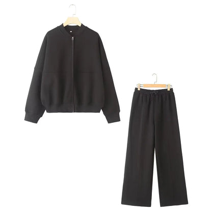 HH Women's Fall 2-Piece Retro Solid Color Zip Bomber Jacket Sweatshirt+High Waist Lace Up Women's Wide Leg Pants Street Wear Good Vibrations