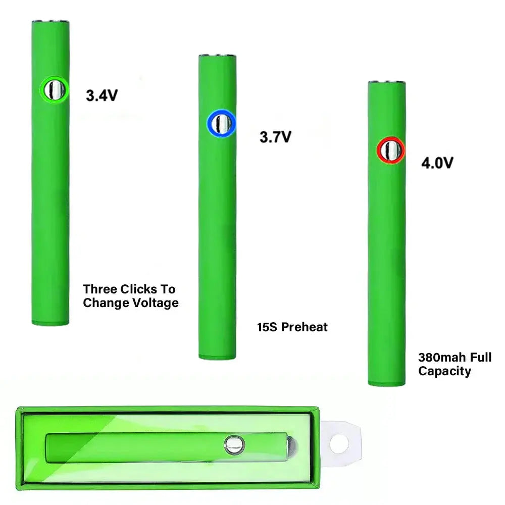 Green 510 Thread Battery Pen with adjustable voltage settings and USB charging capability.